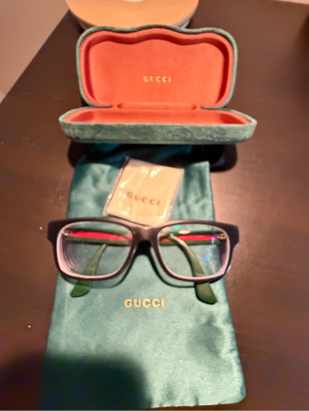 Gucci Black Frame Glasses with Red and Green Temple Stripes